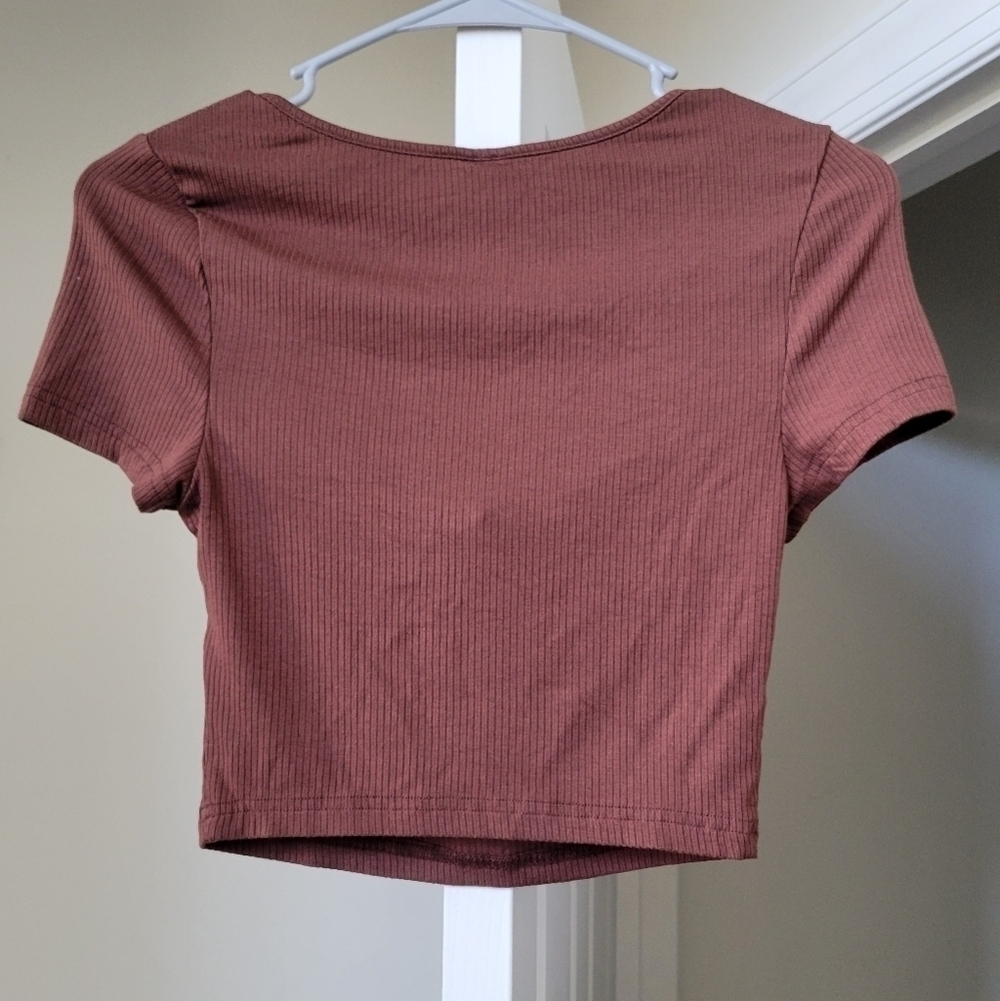 Women's Brown Ribbed Draped Crop Top - US 4 (Small) Short Sleeve Fitted Top - Picture 5 of 5